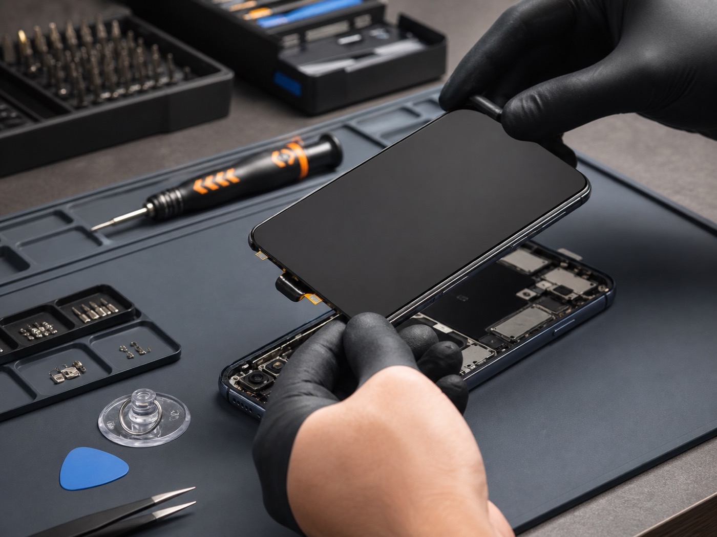 Precision smartphone display repair at an organized workbench
